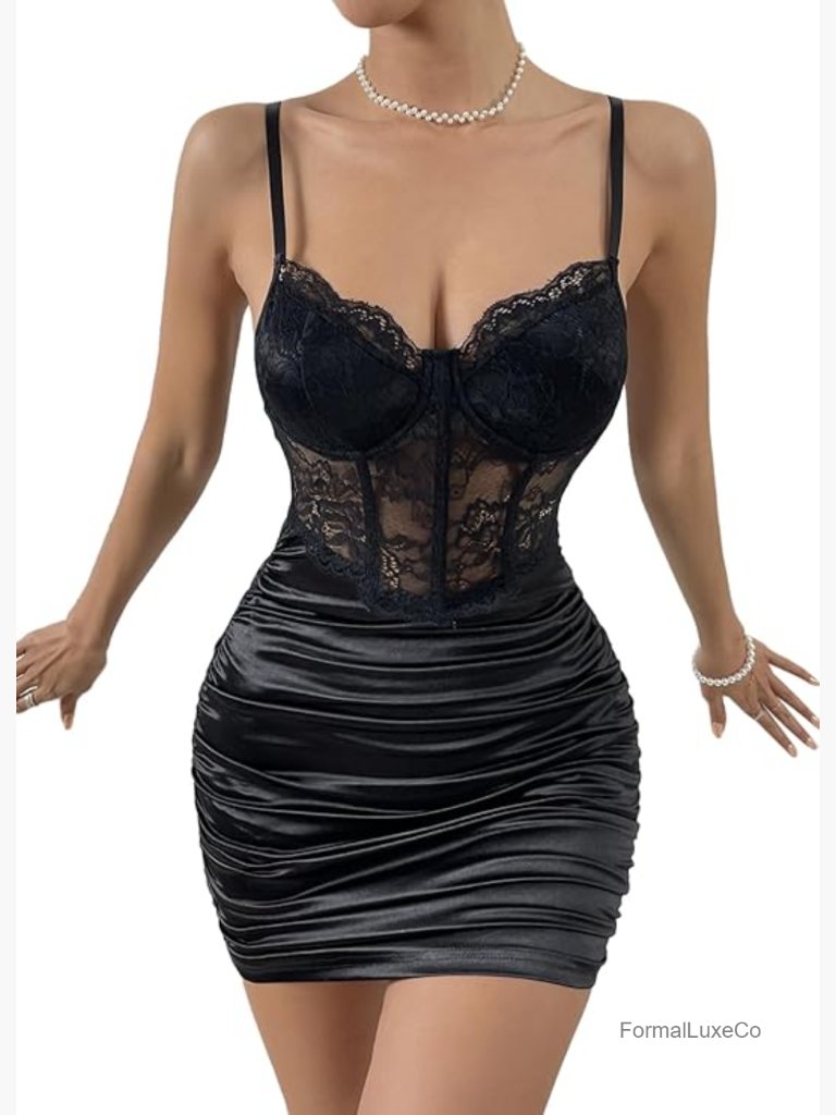 Mesh Corset Dress Sleeveless Satin Slit Ruched Bodycon Cocktail Party